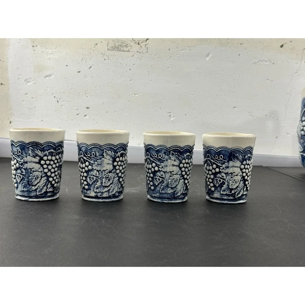 Arnel's Pottery Grapevine Pitcher and 4 cups blue 1970s‎ cottagecore signed